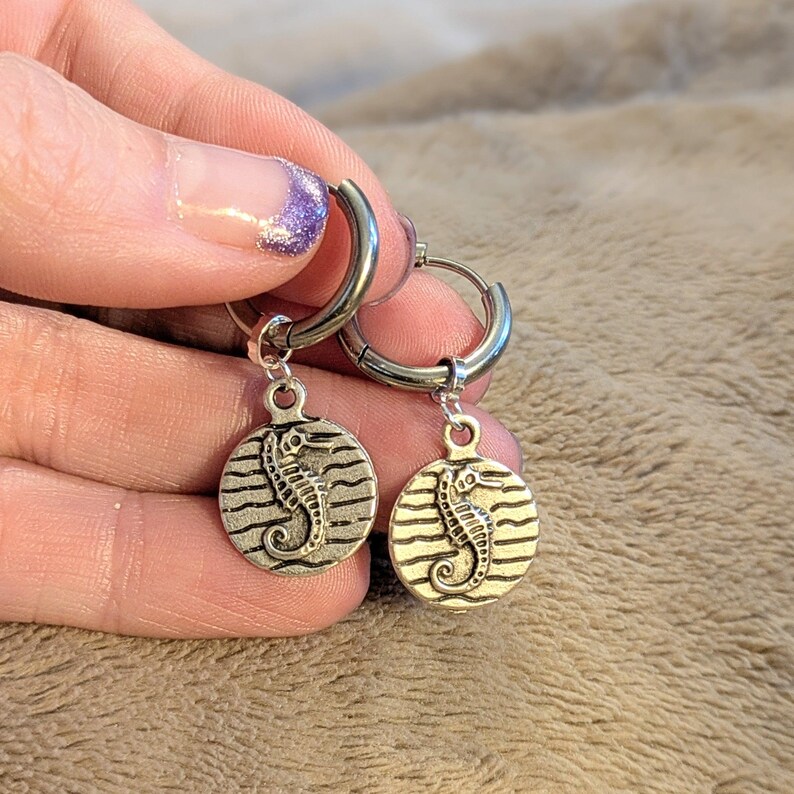 Seahorse Disc Hoop Huggie Earrings, Silver - 12mm - - LadybugfeetDesigns -