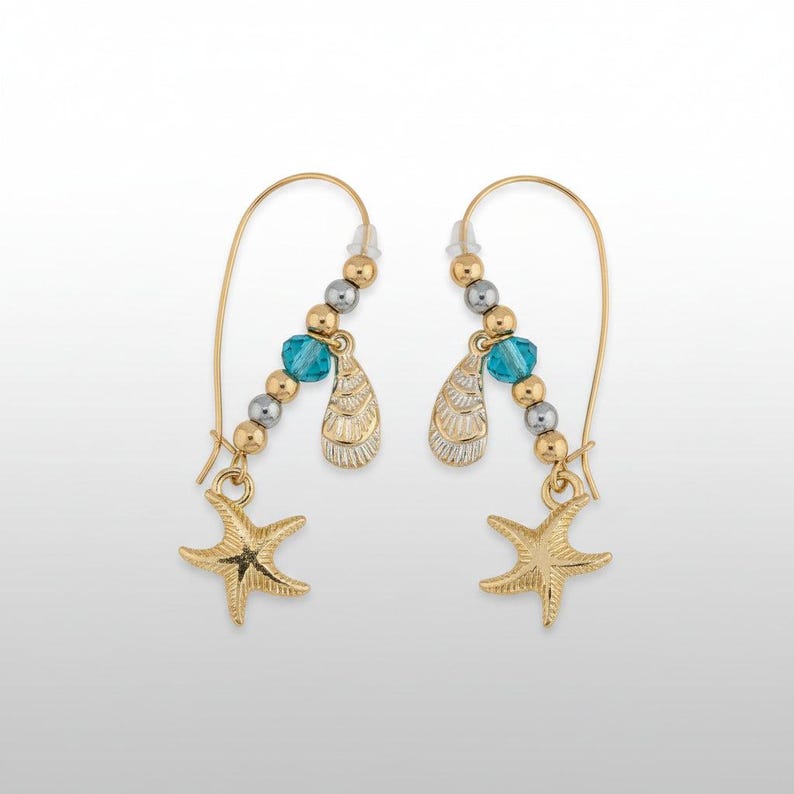Starfish Seashell Crystal charm necklace and Earring set, Gold - - LadybugfeetDesigns -