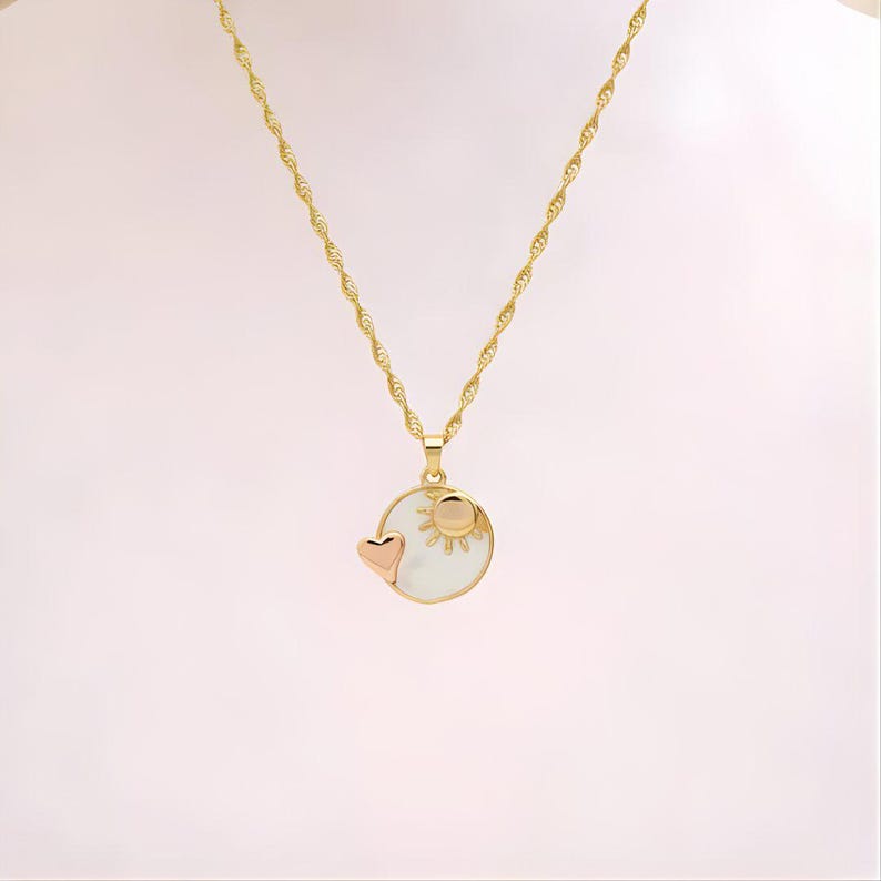 Pearl Shell Heart Sun necklace, Gold- 20 inch - - LadybugfeetDesigns -