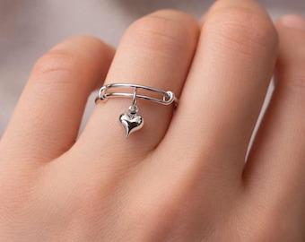 Puffy Heart Expandable Charm Ring, Silver
