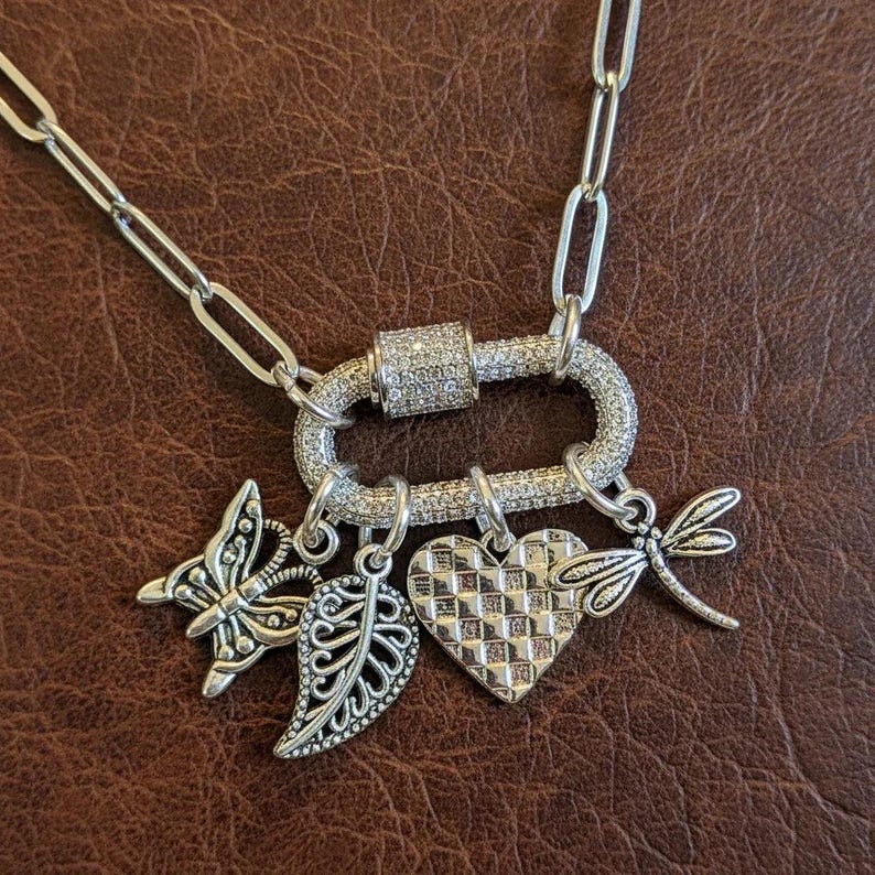 Nature & Love Carabiner Necklace, Silver - Adjusts up to 20 inches - - LadybugfeetDesigns -