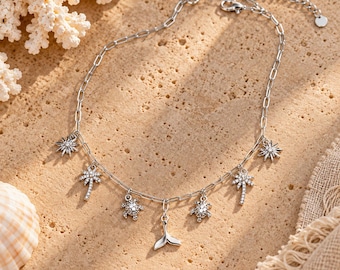 Tropic Vacation Multi Charm Link Necklace, .925 Sterling Silver - 20 inch