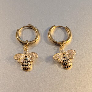 CZ Honeybee Hoop earrings, Gold -12mm - - LadybugfeetDesigns -