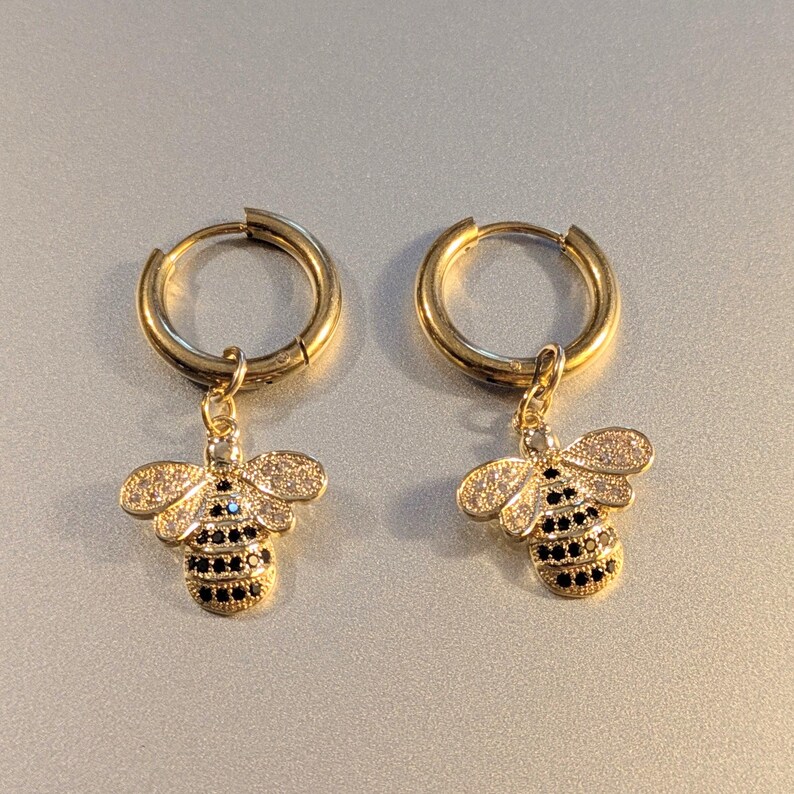 CZ Honeybee Hoop earrings, Gold -12mm - - LadybugfeetDesigns -