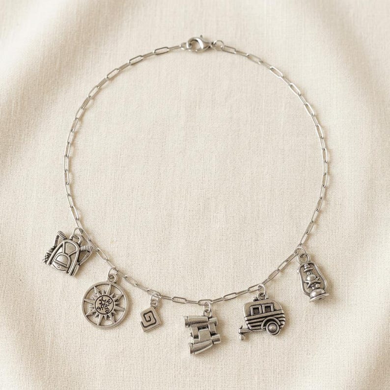 Happy Camper Multi Charm Link Necklace, Silver - 20 inch - - LadybugfeetDesigns -