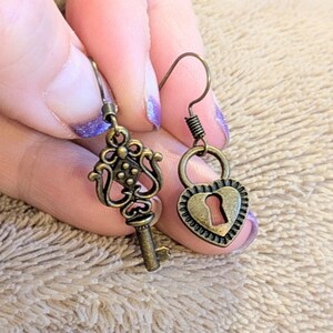 Key/Lock hook earrings, Antique Bronze - - LadybugfeetDesigns -