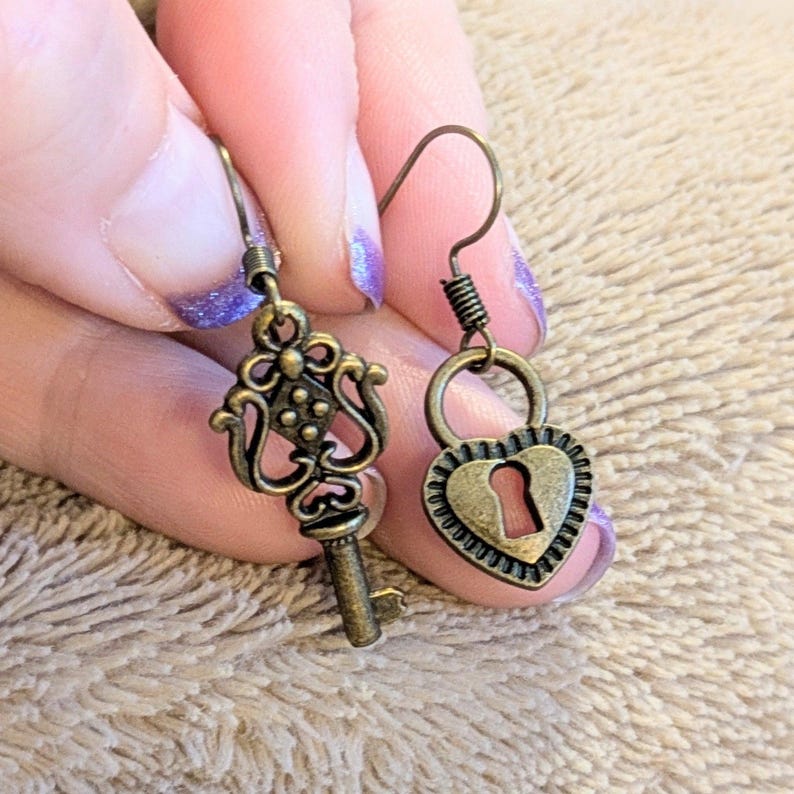 Key/Lock hook earrings, Antique Bronze - - LadybugfeetDesigns -