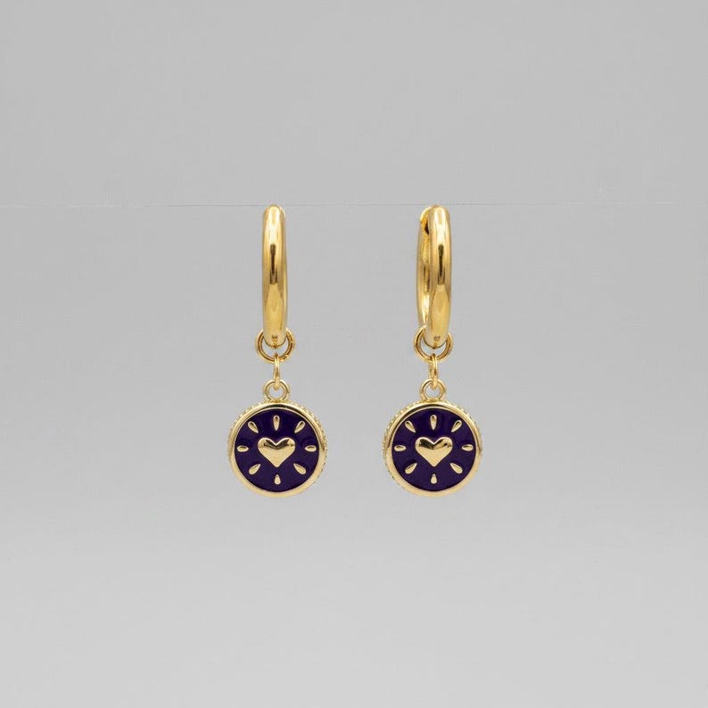 Blue Circle Heart Hoop earrings, Gold - 12mm - - LadybugfeetDesigns -