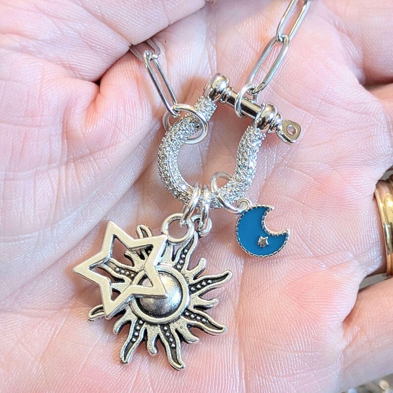 Fiery Sun, Blue Moon and Star Shackle Clasp Carabiner Necklace, Silver - Adjusts up to 20 inches - - LadybugfeetDesigns -