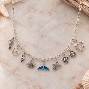 Ocean Lover Multi Charm Link Necklace, Silver - 20 inch - - LadybugfeetDesigns -