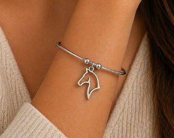Horse Euro Bangle Cuff, Silver