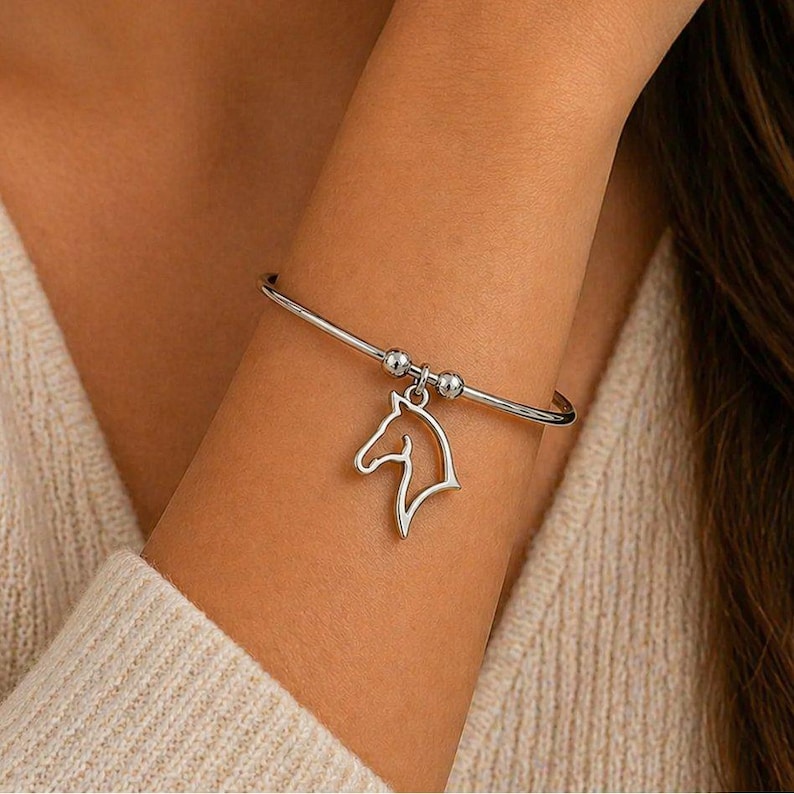 Horse Euro Bangle Cuff, Silver - - LadybugfeetDesigns -