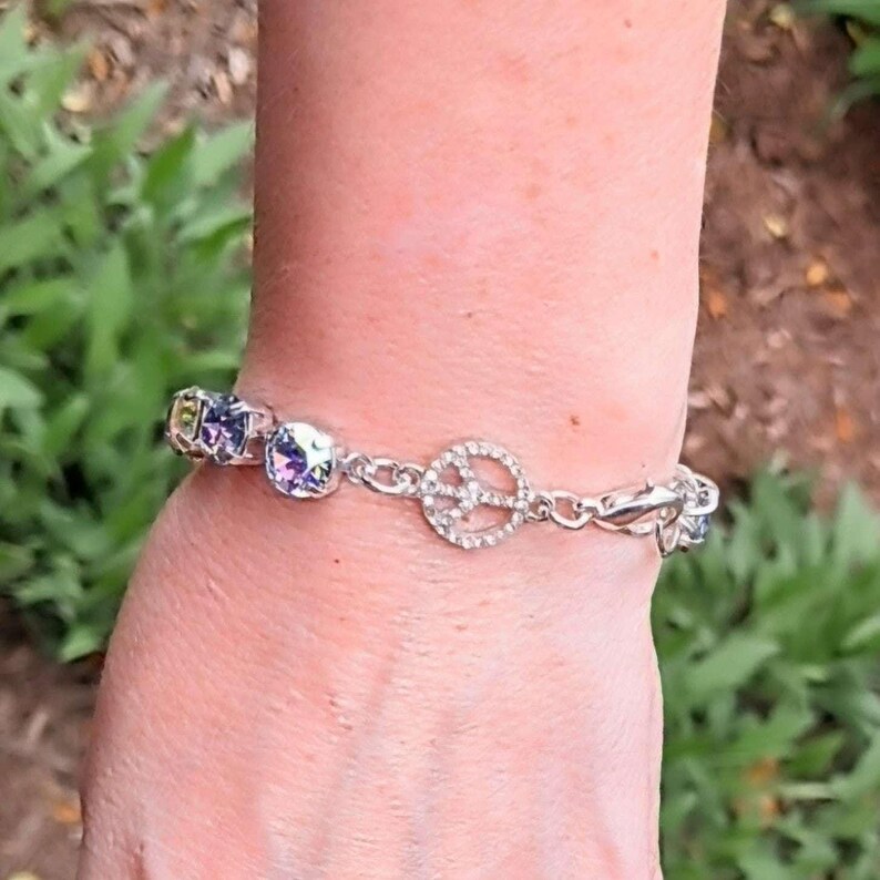 Peace Sign Faceted Crystal Bracelet - - LadybugfeetDesigns -