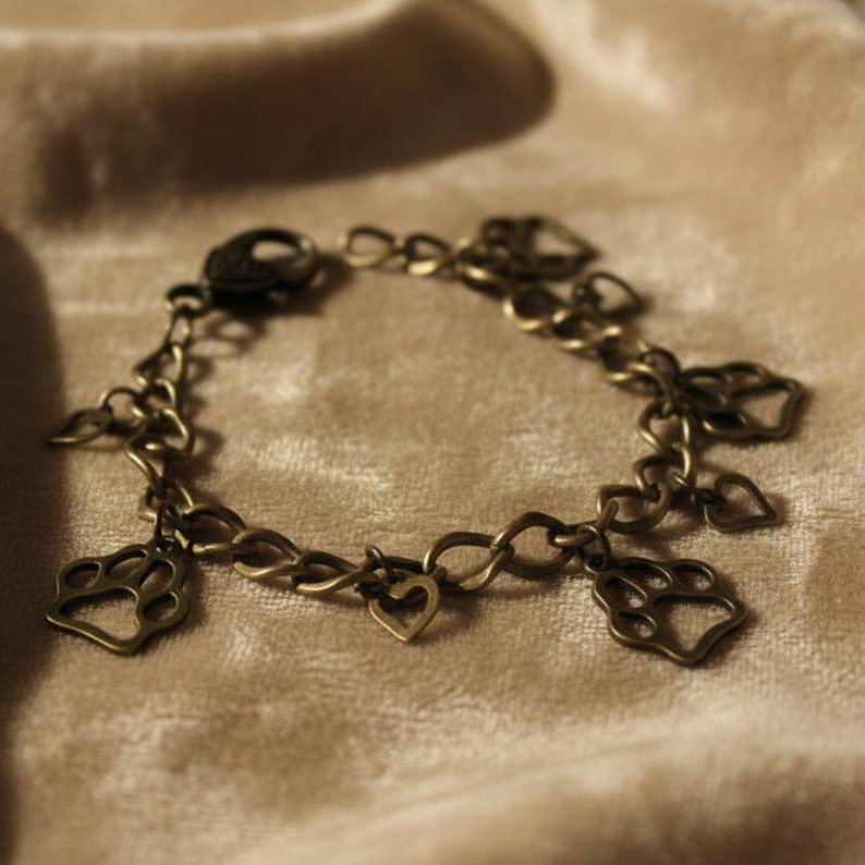 Paw Print Antique Gold Brass Charm Bracelet, Boho Charm Bracelet - - LadybugfeetDesigns -