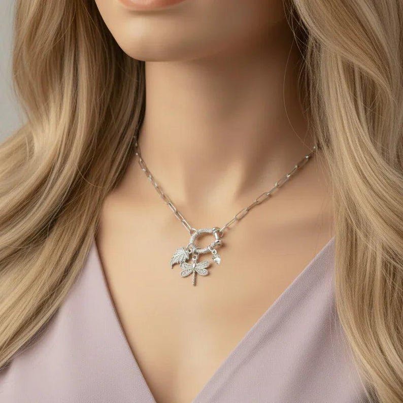 Forest Friends Dragonfly Shackle Clasp Carabiner Necklace, Silver - Adjusts up to 20 inches - - LadybugfeetDesigns -
