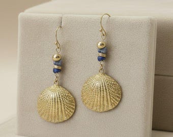 Sea Shell beaded dangle earrings, gold