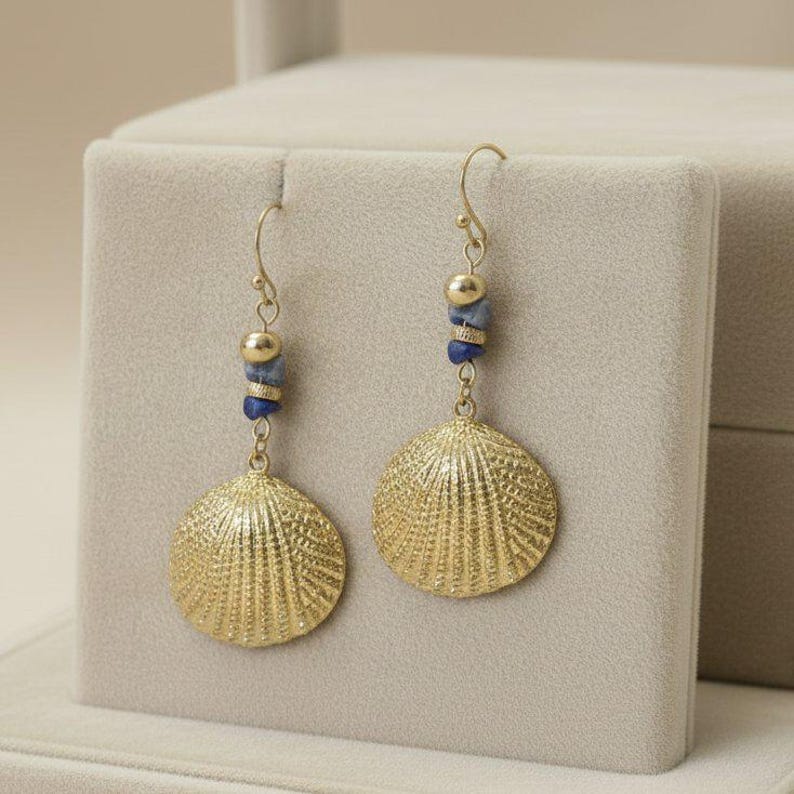 Sea Shell beaded dangle earrings, gold - - LadybugfeetDesigns -