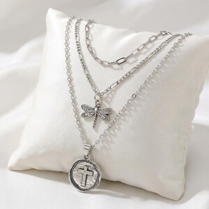 Dragonfly Cross Layered Necklace Set, Silver - - LadybugfeetDesigns -