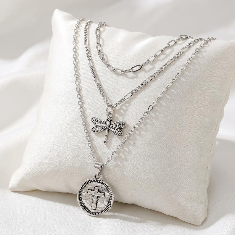 Dragonfly Cross Layered Necklace Set, Silver - - LadybugfeetDesigns -