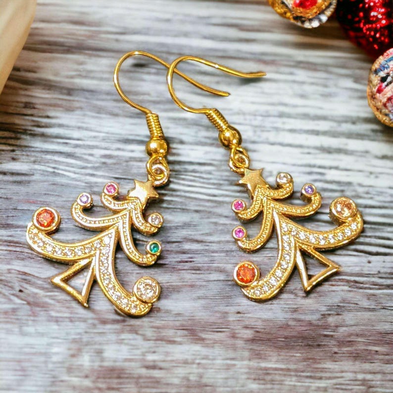 Rhinestone Christmas Tree dangle earrings - - LadybugfeetDesigns -