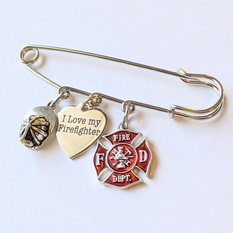 I Love My Firefighter Safety Pin Brooch, Purse Charm - - LadybugfeetDesigns -