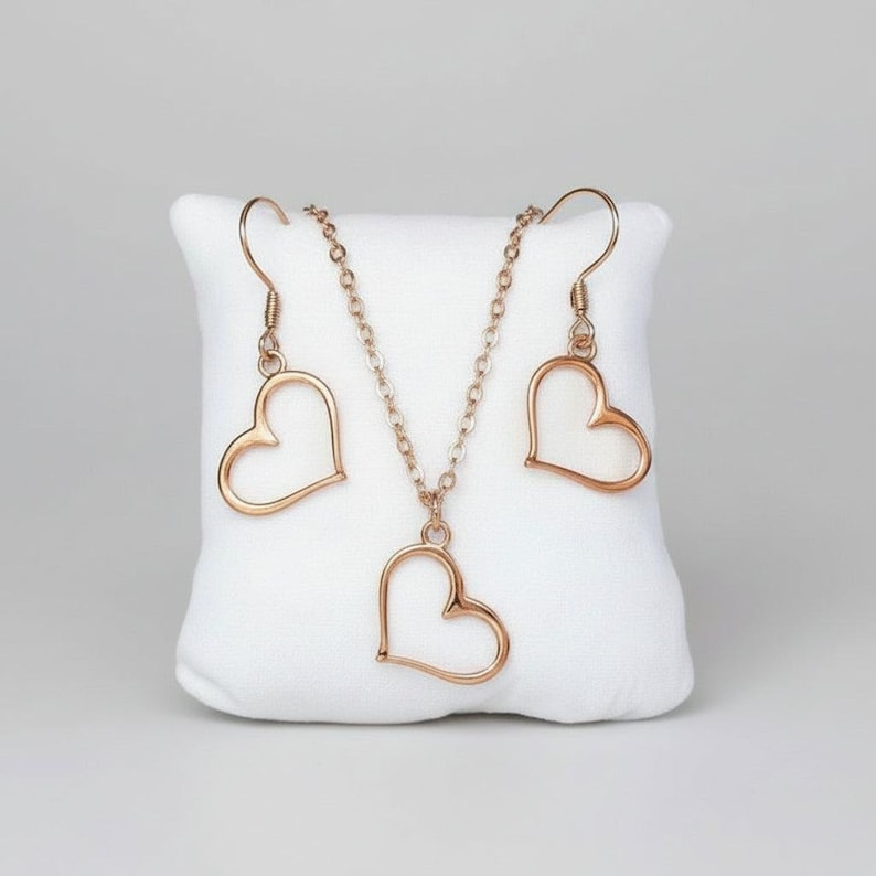 Open Heart necklace and earring set, Rose-Gold - 18 inch - - LadybugfeetDesigns -