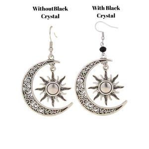 Large Filigree Crescent Moon Sun Hook Earrings, Silver - - LadybugfeetDesigns -