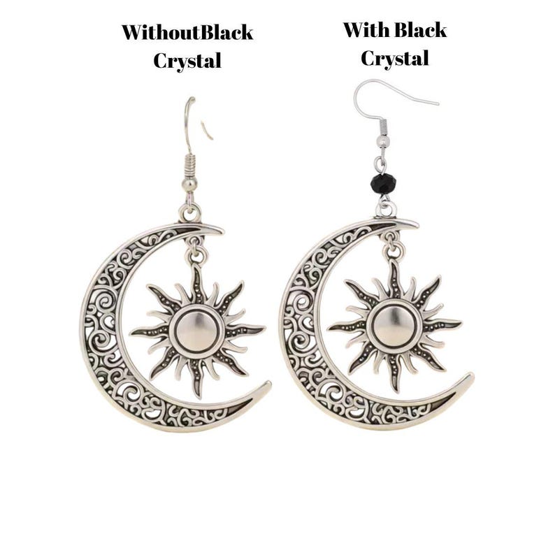 Large Filigree Crescent Moon Sun Hook Earrings, Silver - - LadybugfeetDesigns -