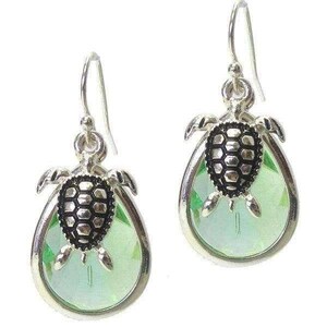Sea Glass, Sea Turtle Crystal Dangle Earrings - - LadybugfeetDesigns -