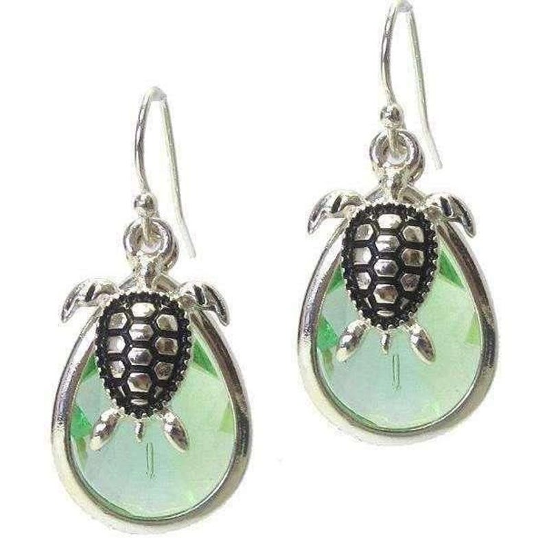 Sea Glass, Sea Turtle Crystal Dangle Earrings - - LadybugfeetDesigns -
