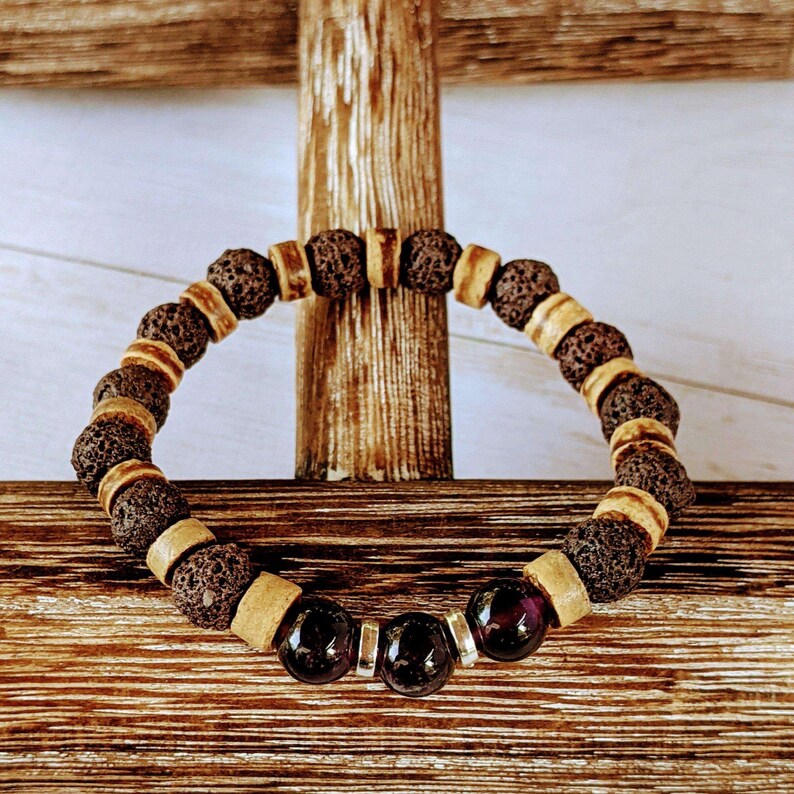 Dark Amethyst Gemstone Lava Bead Stretch bracelet-FEBRUARY Birthstone - - LadybugfeetDesigns -