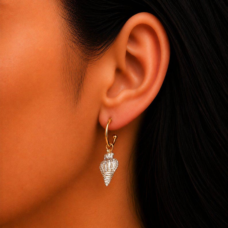 White Pearl Conch Seashell gold hoop earrings, Hoop Drop, 16mm - - LadybugfeetDesigns -