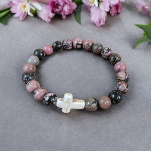 Rhodonite Pink Zebra Beaded Cross Stretch bracelet - - LadybugfeetDesigns -
