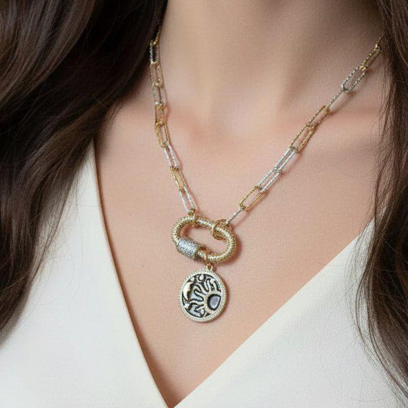 Black Enamel Celestial Pendant Carabiner Necklace, Gold/Silver - 20 inch - - LadybugfeetDesigns -