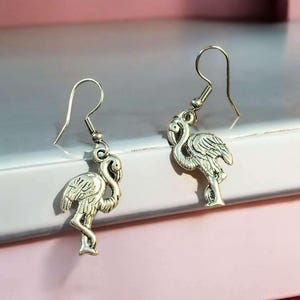 Silver Flamingo hook earrings - - LadybugfeetDesigns -