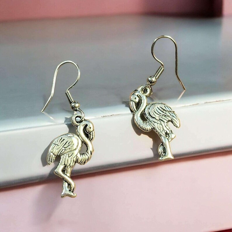 Silver Flamingo hook earrings - - LadybugfeetDesigns -
