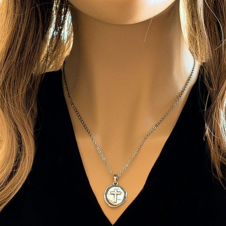 Hammered Cross Coin Necklace- Silver - 20 - 24 inch - - LadybugfeetDesigns -