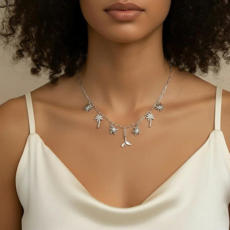 Tropic Vacation Multi Charm Link Necklace, .925 Sterling Silver - 20 inch - - LadybugfeetDesigns -
