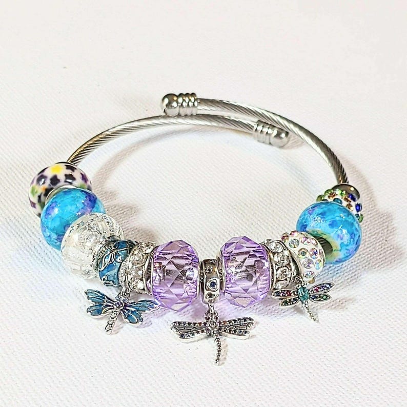 Dragonfly Euro Cuff Wrap Bracelet, Silver - - LadybugfeetDesigns -