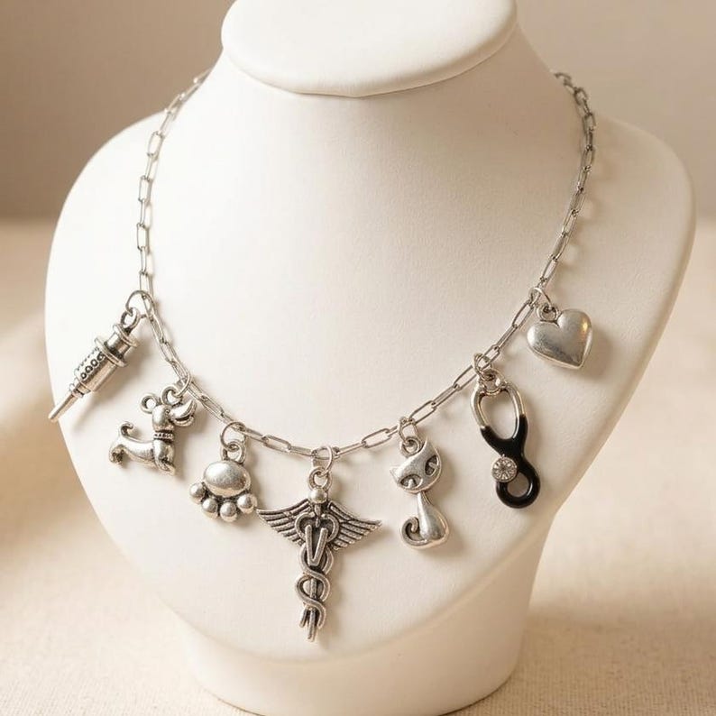 Veterinary Multi Charm Link Necklace, Silver - 20 inch - - LadybugfeetDesigns -