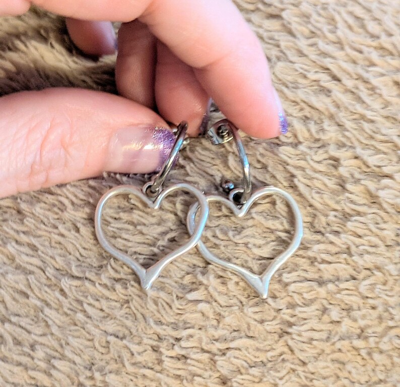 Rustic Heart Hoop Earrings, Silver - 16mm - - LadybugfeetDesigns -