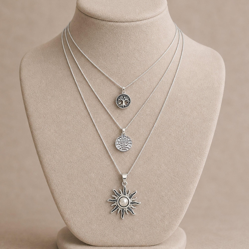 Energy, Power, Positivity Layered Necklace Set, Silver - - LadybugfeetDesigns -