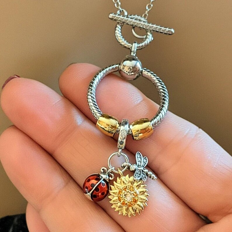 Garden Party Sterling Silver Toggle Charm Necklace, 20 inches - - LadybugfeetDesigns -