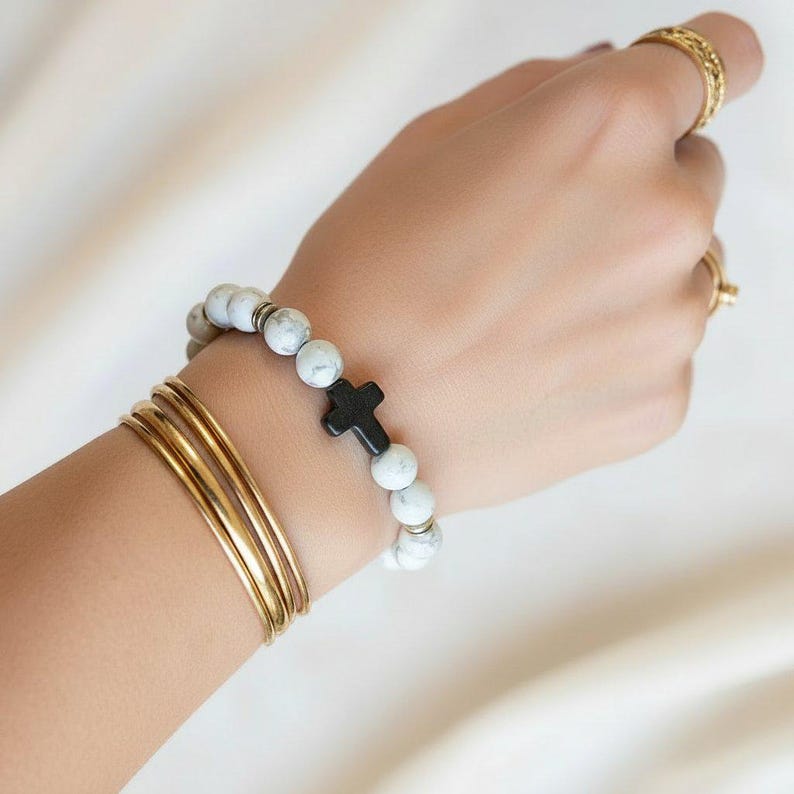 White Gray Beaded Cross Stretch Bracelet-UNISEX - - LadybugfeetDesigns -