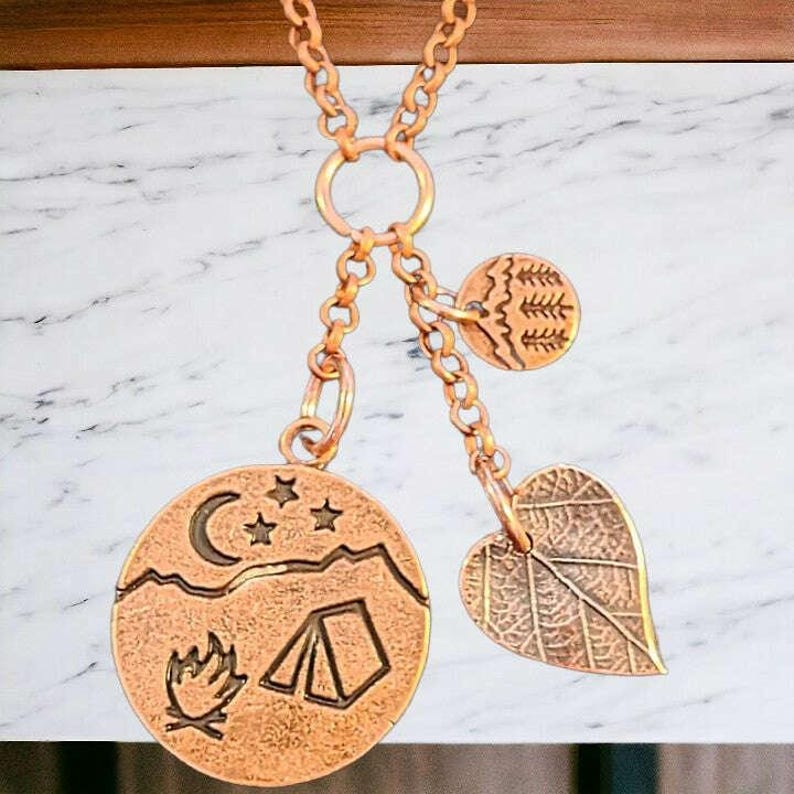 Camping Copper Charm Keeper Necklace, 18-24 inch - - LadybugfeetDesigns -