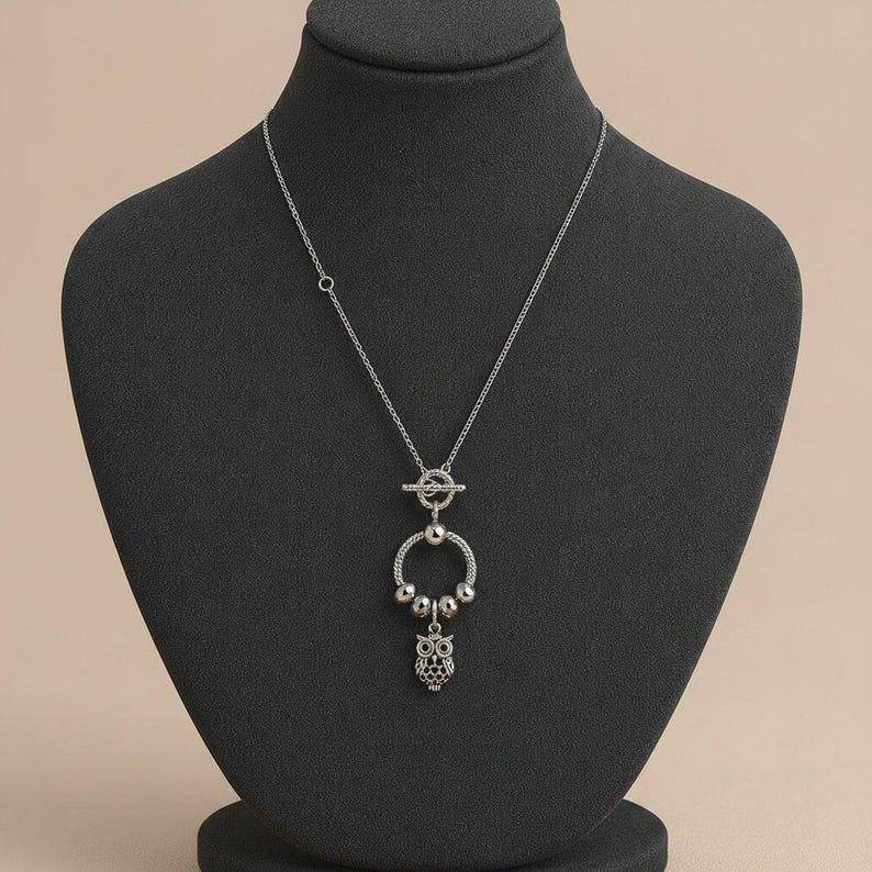 Pretty Owl Sterling Silver Toggle Charm Necklace, 20 inches - - LadybugfeetDesigns -