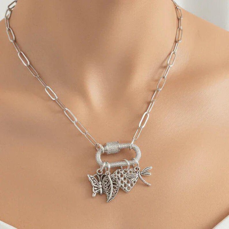 Nature & Love Carabiner Necklace, Silver - 20 inch - - LadybugfeetDesigns -