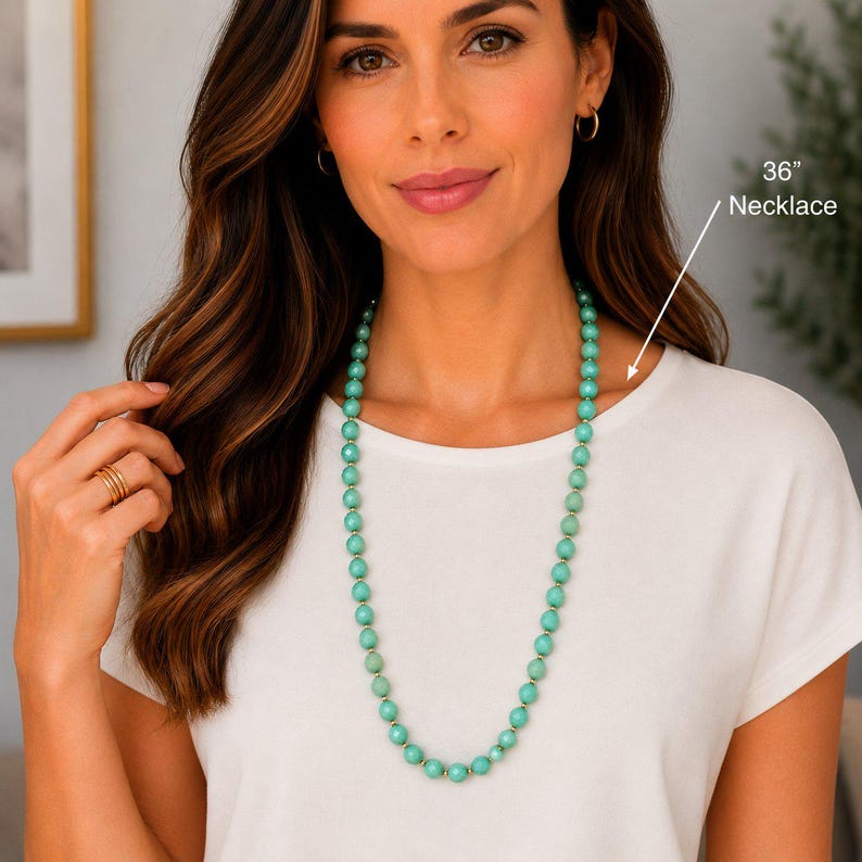Turquoise Crystal Knotted Necklace -36 inch - - LadybugfeetDesigns -