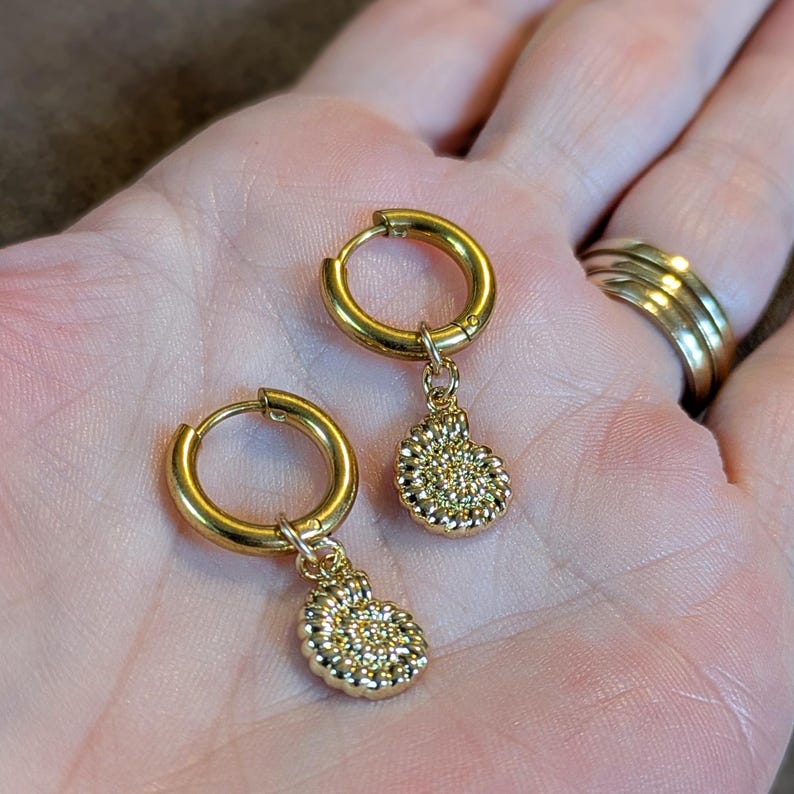 Sea Shell Hoop Earrings, Gold - 10 mm - - LadybugfeetDesigns -