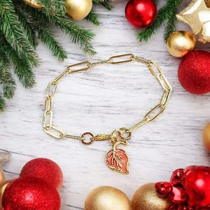 Autumn Leaf Gold Paperclip Chain Bracelet - - LadybugfeetDesigns -